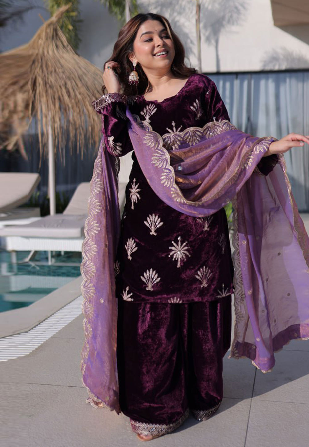 Wine Velvet Readymade Palazzo Suit 322210