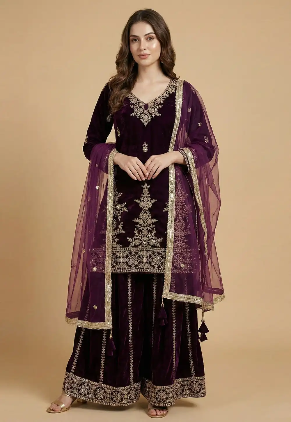 Wine Velvet Readymade Palazzo Suit 323299