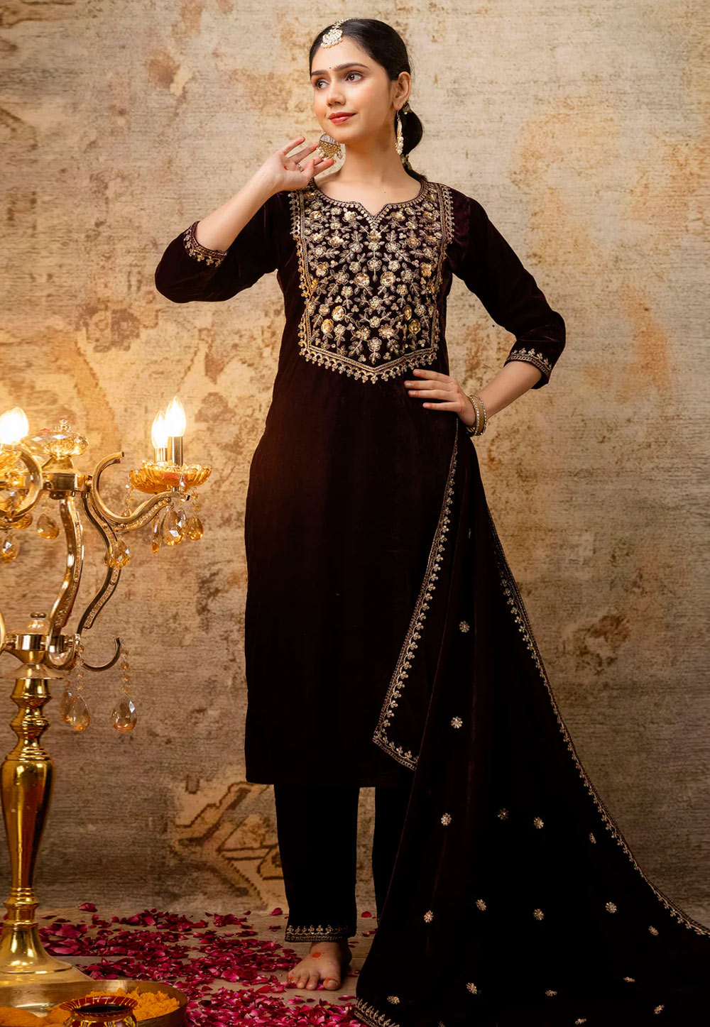 Wine Velvet Readymade Pant Style Suit 307069