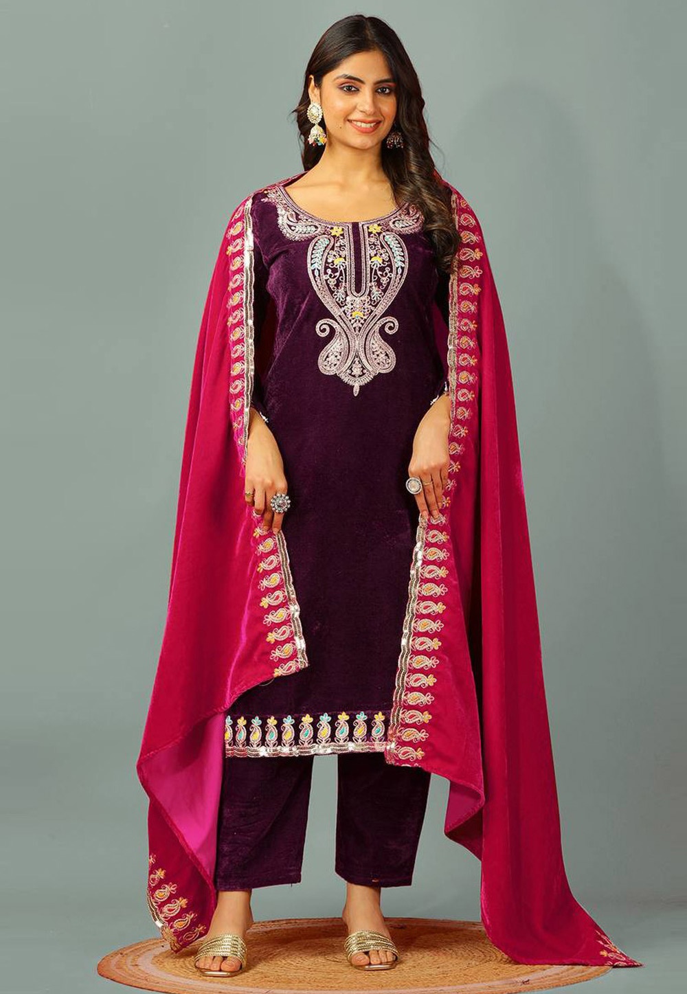 Wine Velvet Readymade Pant Style Suit 307329