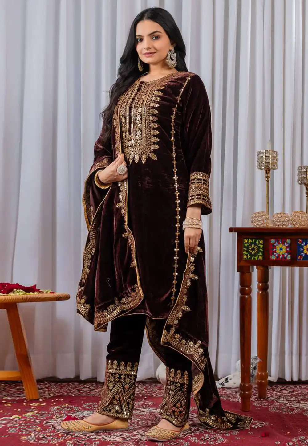 Wine Velvet Readymade Pant Style Suit 319787