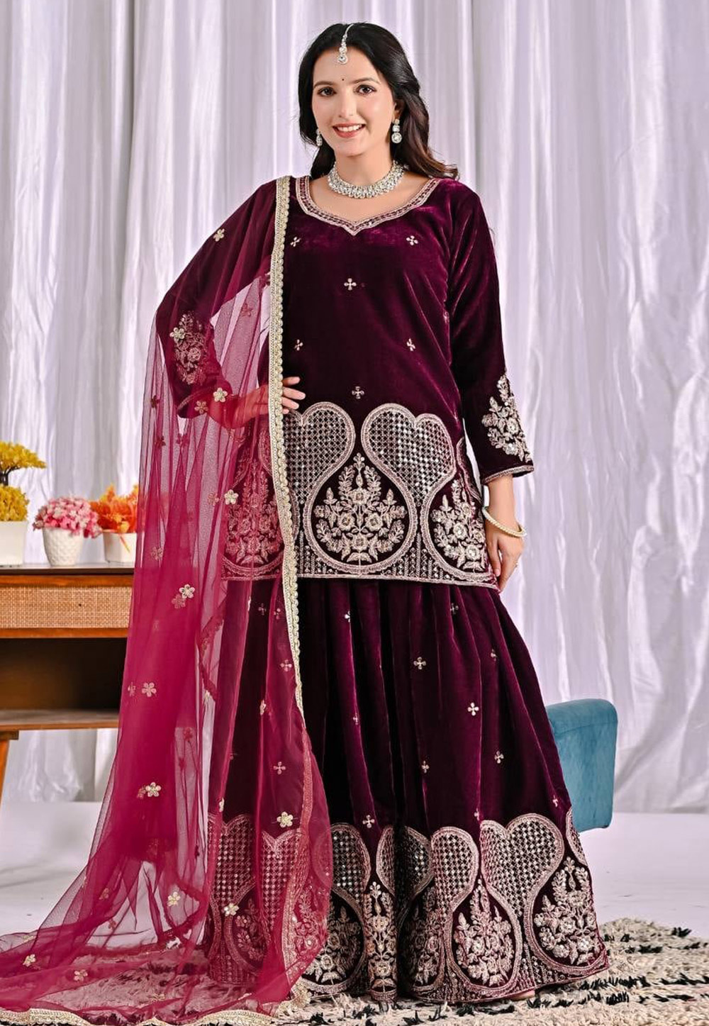 Wine Velvet Readymade Sharara Suit 322822