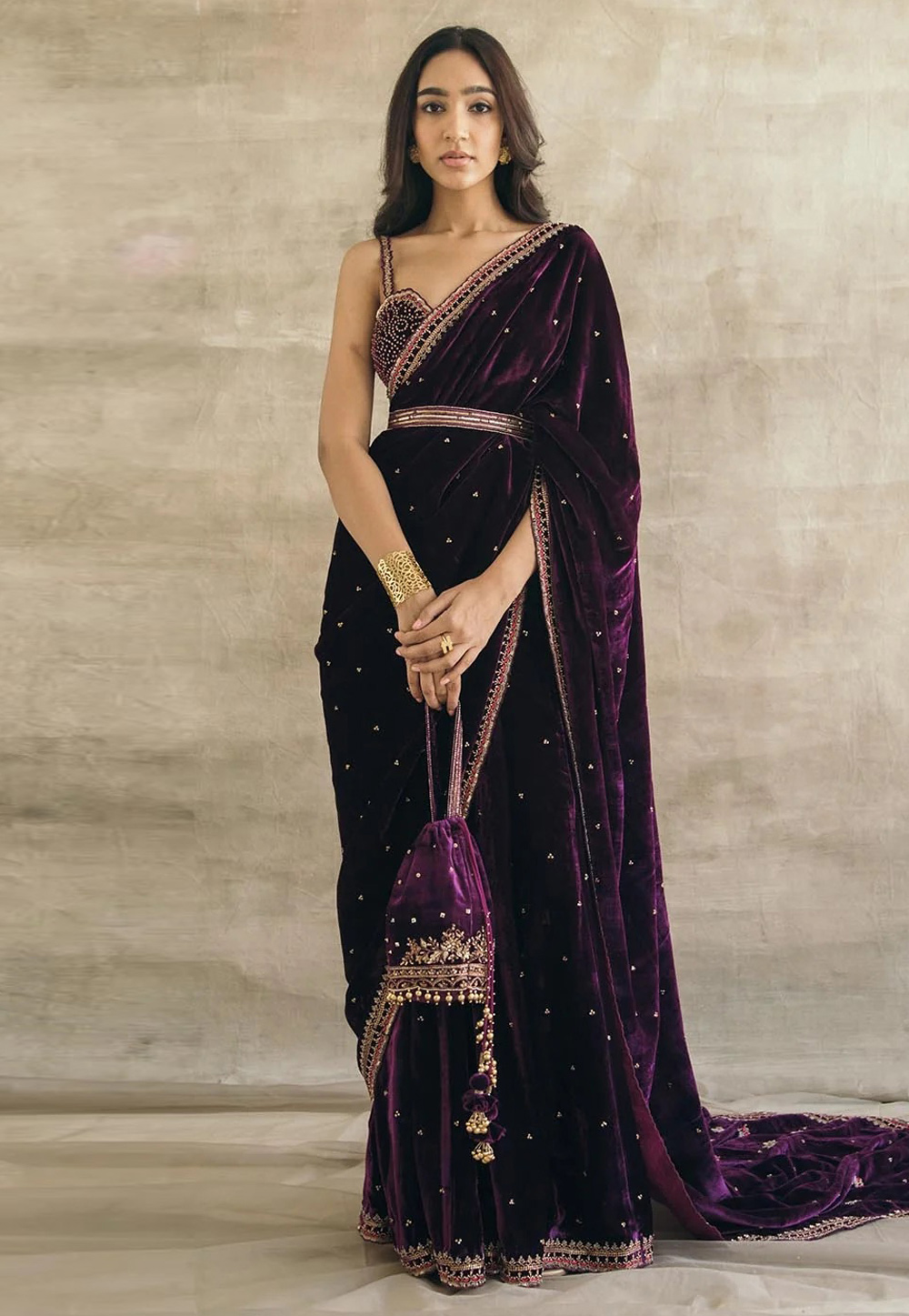 Wine Velvet Saree With Blouse 320239
