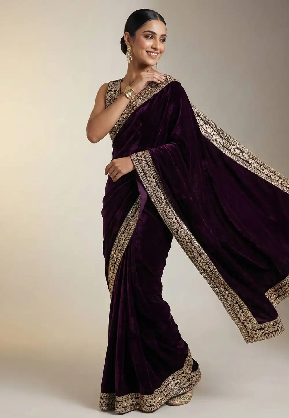 Wine Velvet Saree With Blouse 322354