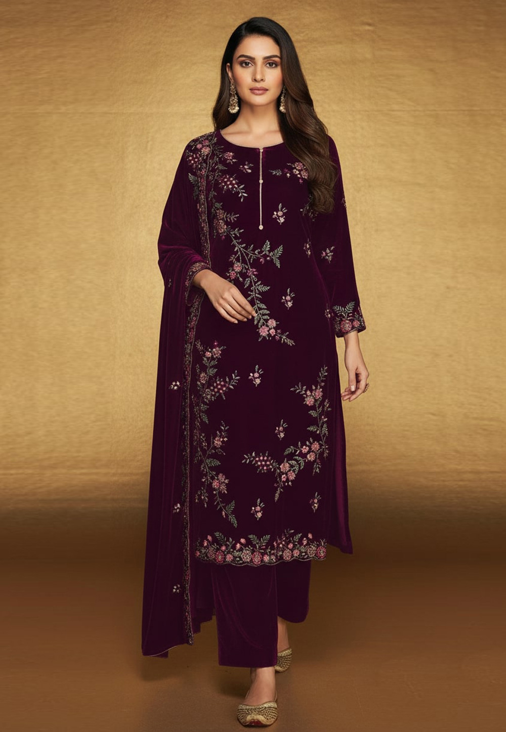 Wine Velvet Straight Suit 322062