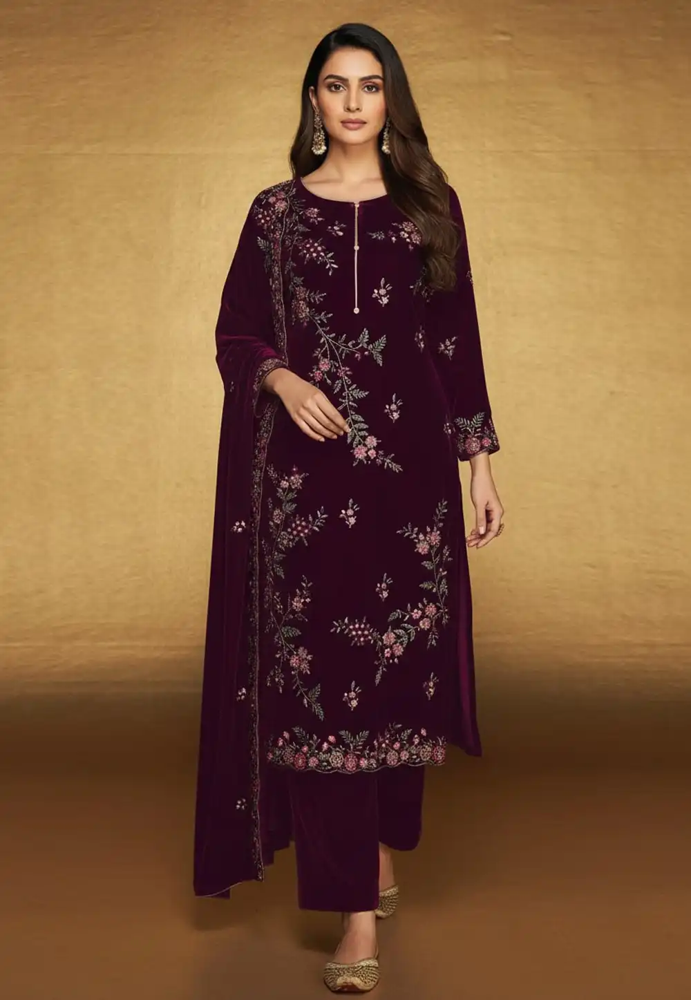 Wine Velvet Straight Suit 322062