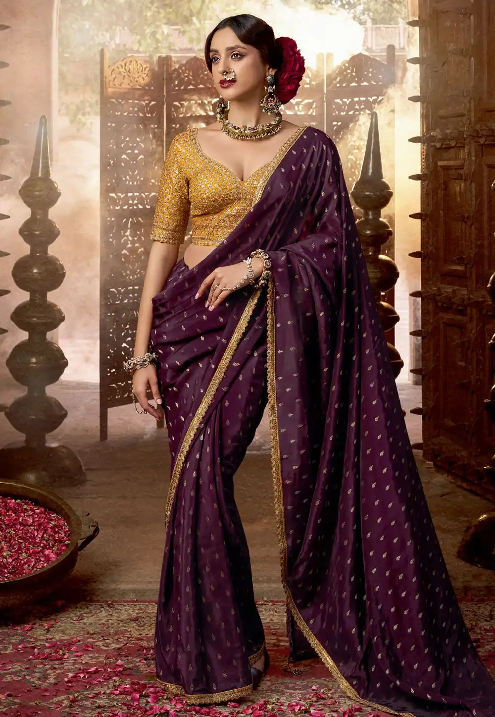 Wine Viscose Crepe Saree With Blouse 313427