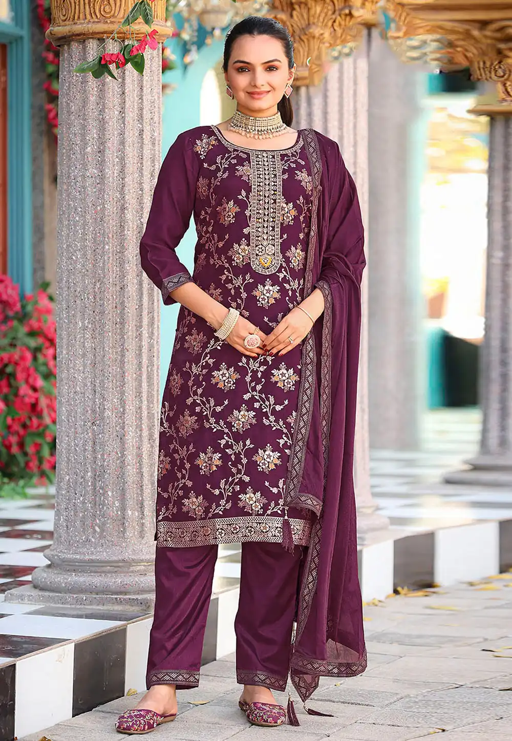 Wine Viscose Jacquard Pakistani Suit 318816