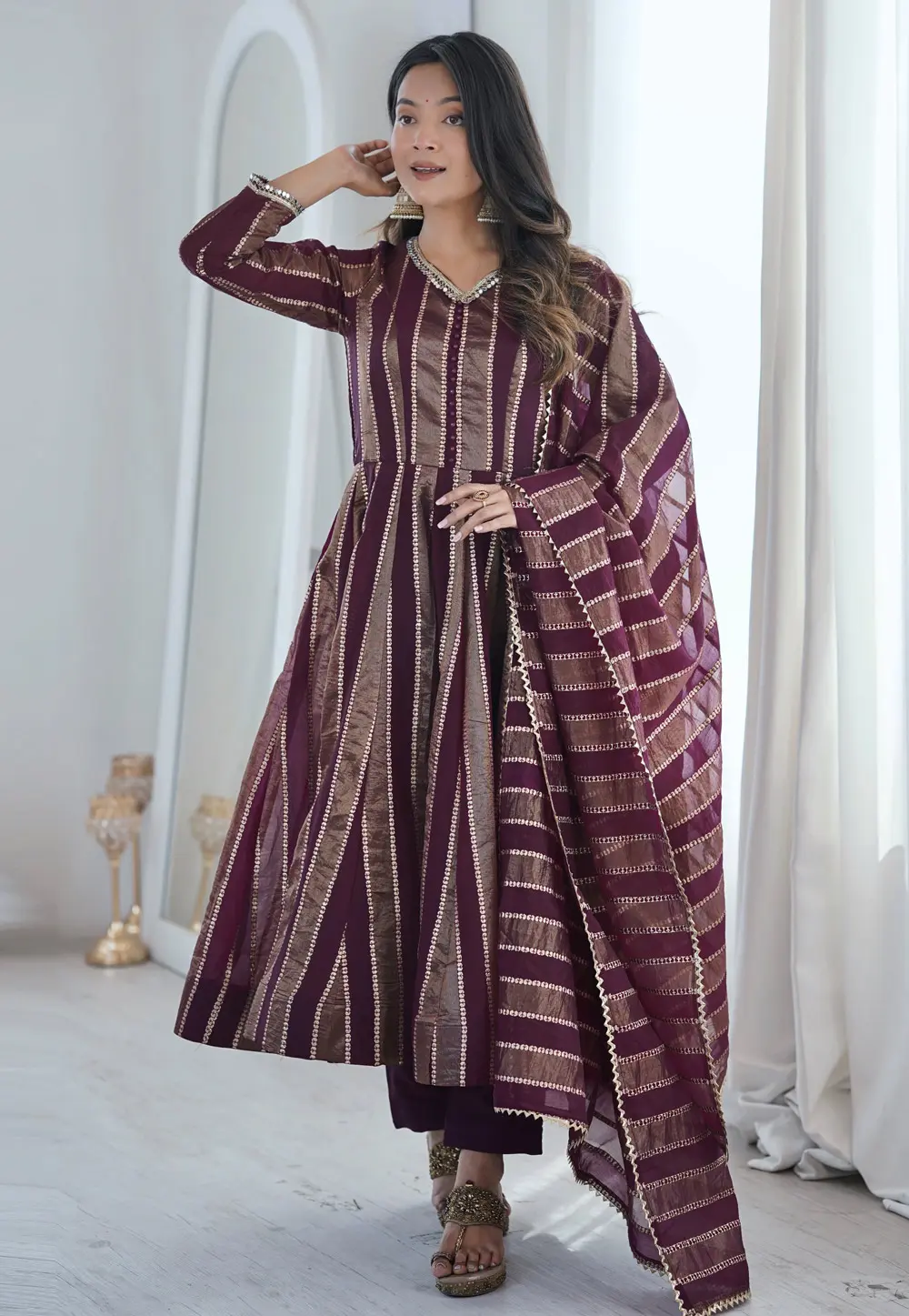Wine Viscose Jacquard Readymade Pant Style Suit 331794