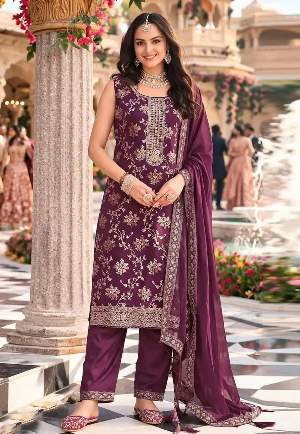 Wine Viscose Jacquard Readymade Pant Style Suit 326565