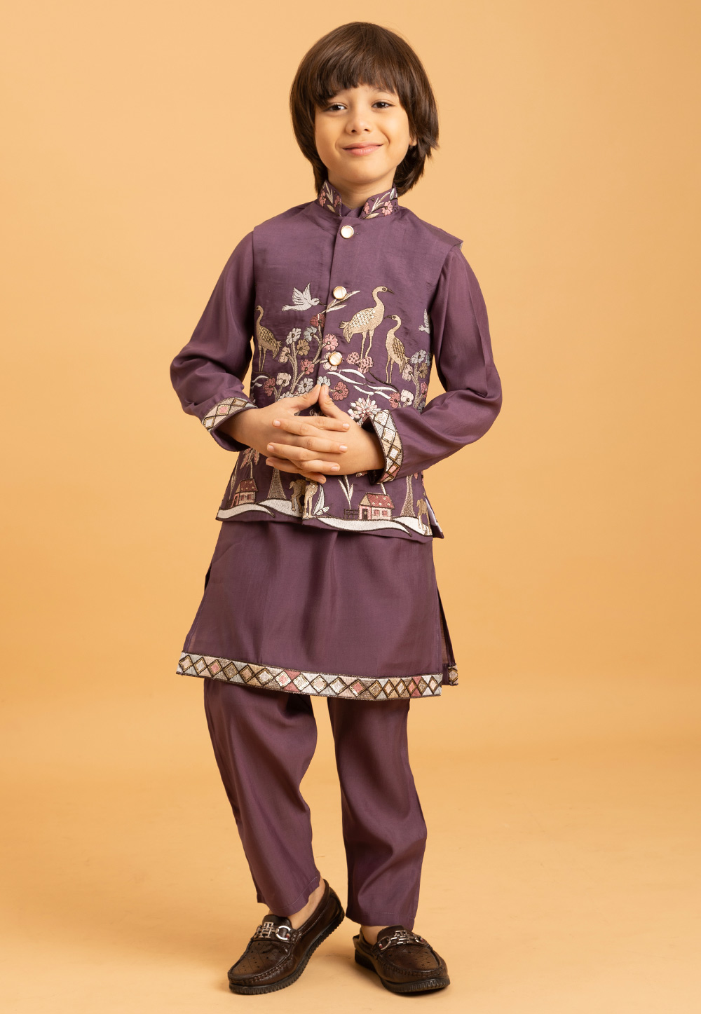 Wine Viscose Kids Kurta Pajama With Jacket 316865