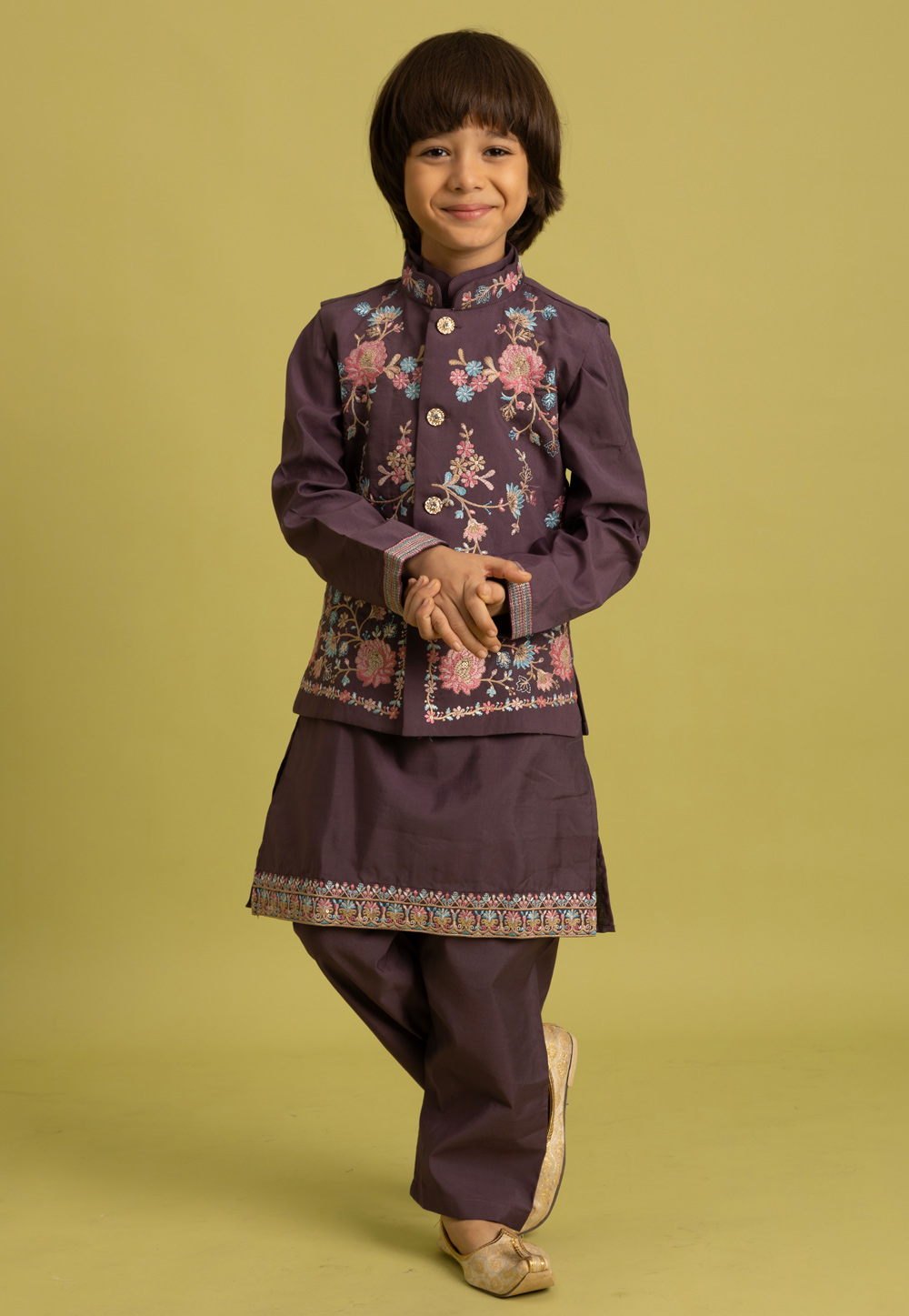 Wine Viscose Kids Kurta Pajama With Jacket 318776
