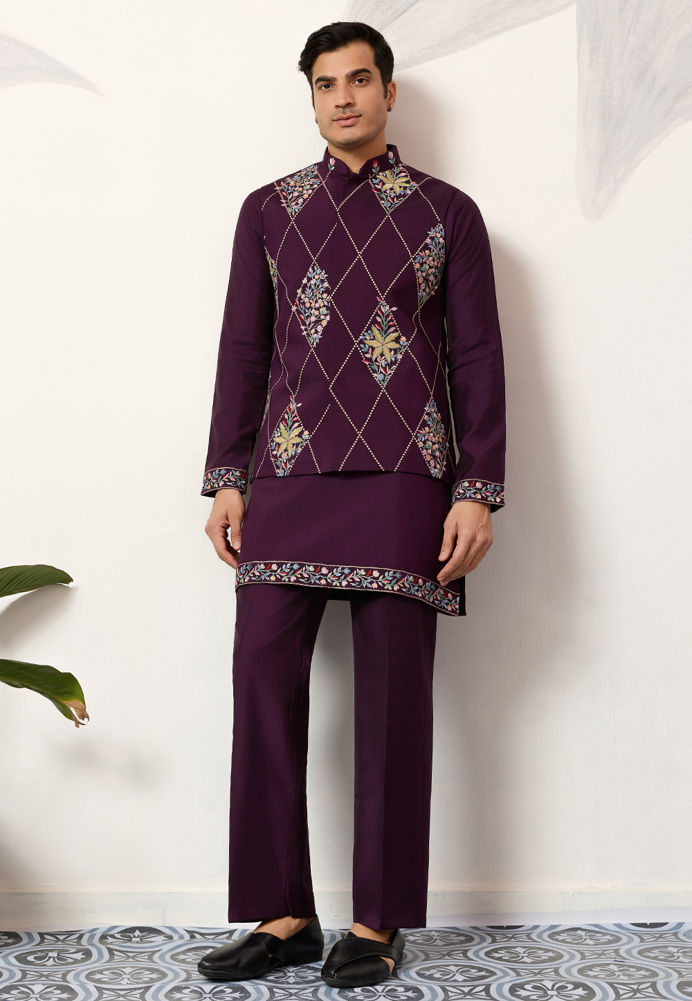 Wine Viscose Kurta Pajama With Jacket 321909