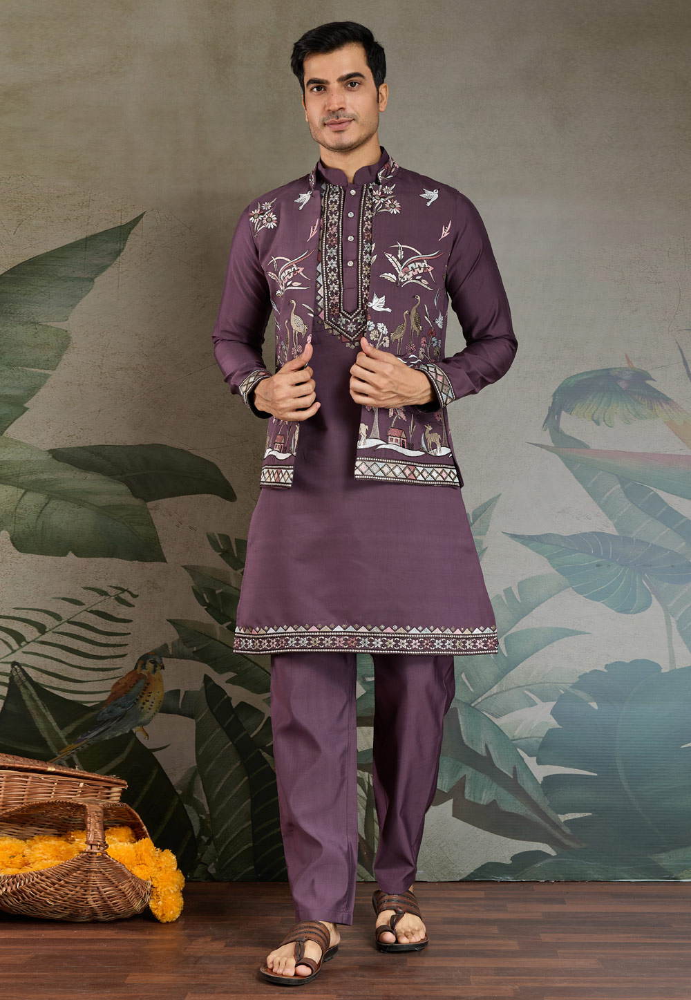 Wine Viscose Kurta Pajama With Jacket 311865