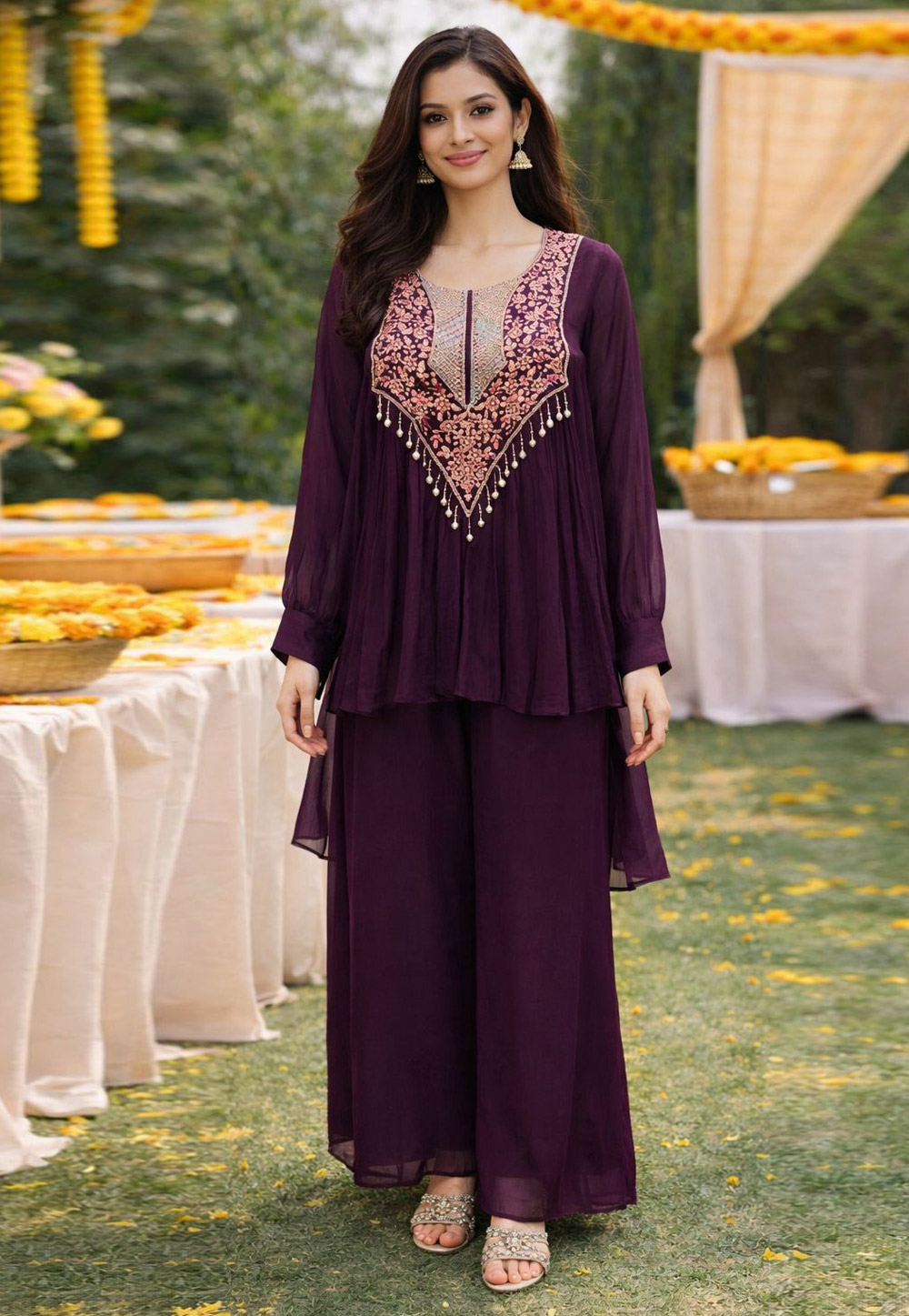 Wine Viscose Kurta Set With Palazzo 322435