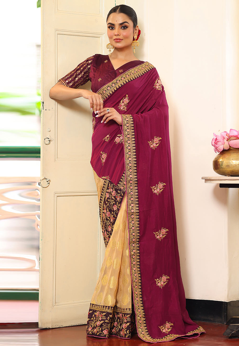 Wine Viscose Rayon Half N Half Saree 319991