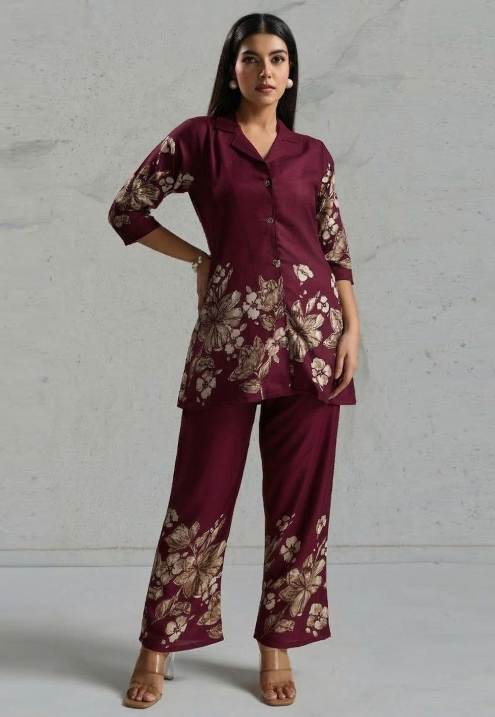 Wine Viscose Rayon Printed Co-Ords Set 328019