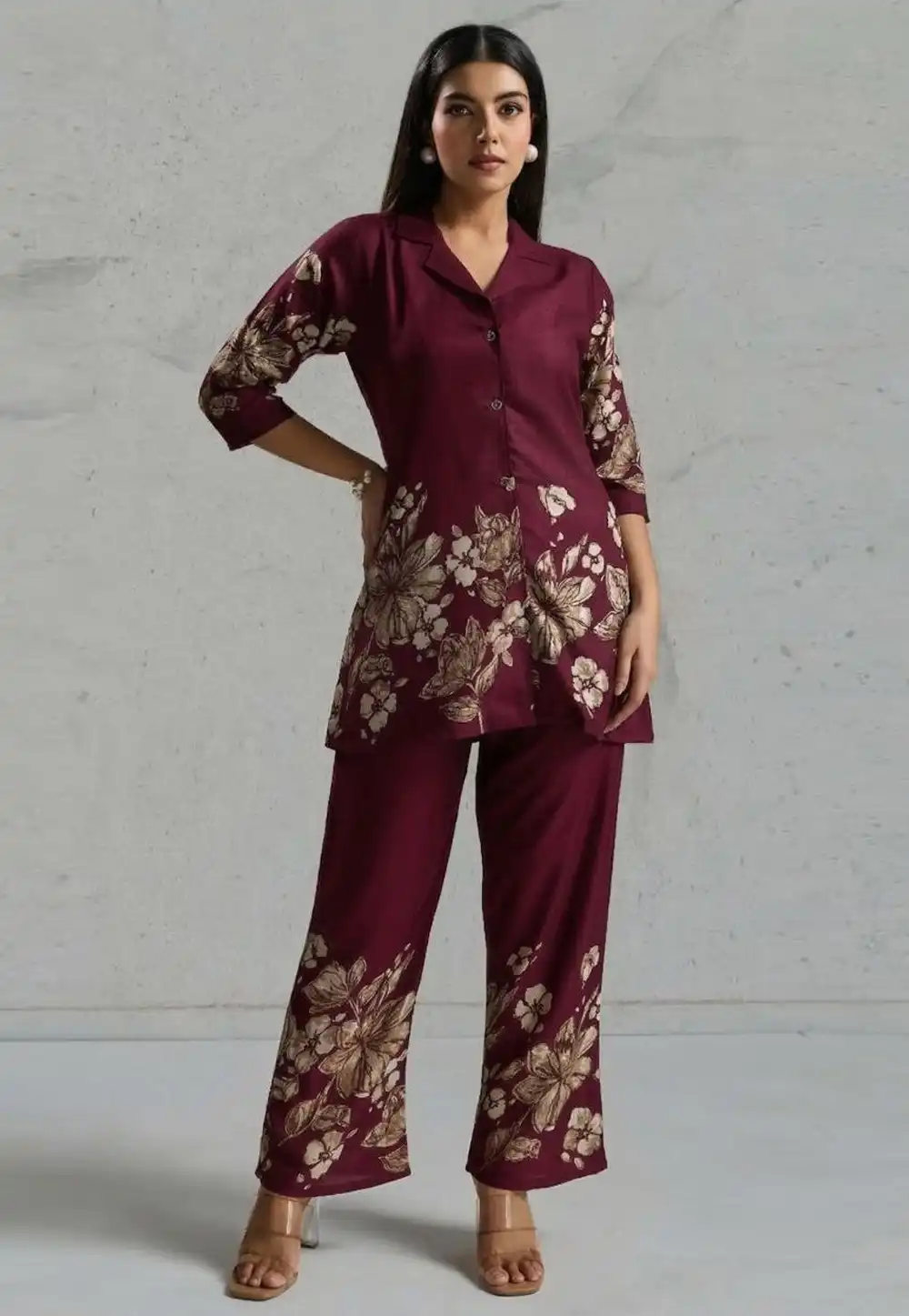Wine Viscose Rayon Printed Co-Ords Set 328019
