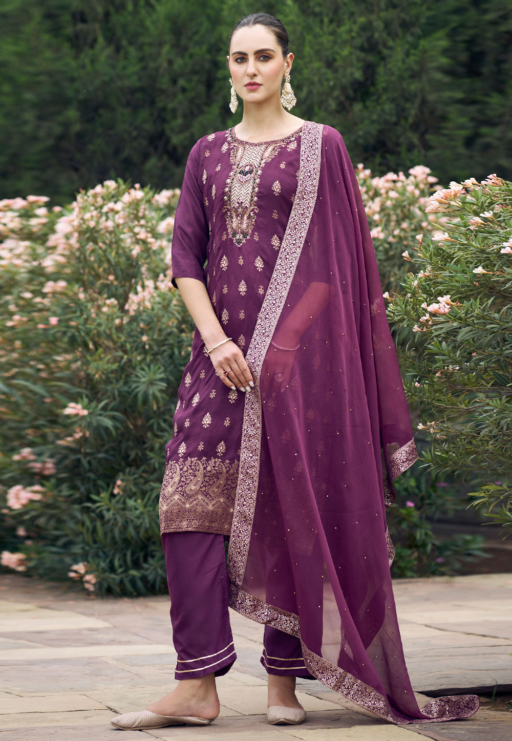 Wine Viscose Rayon Readymade Pakistani Suit 308492