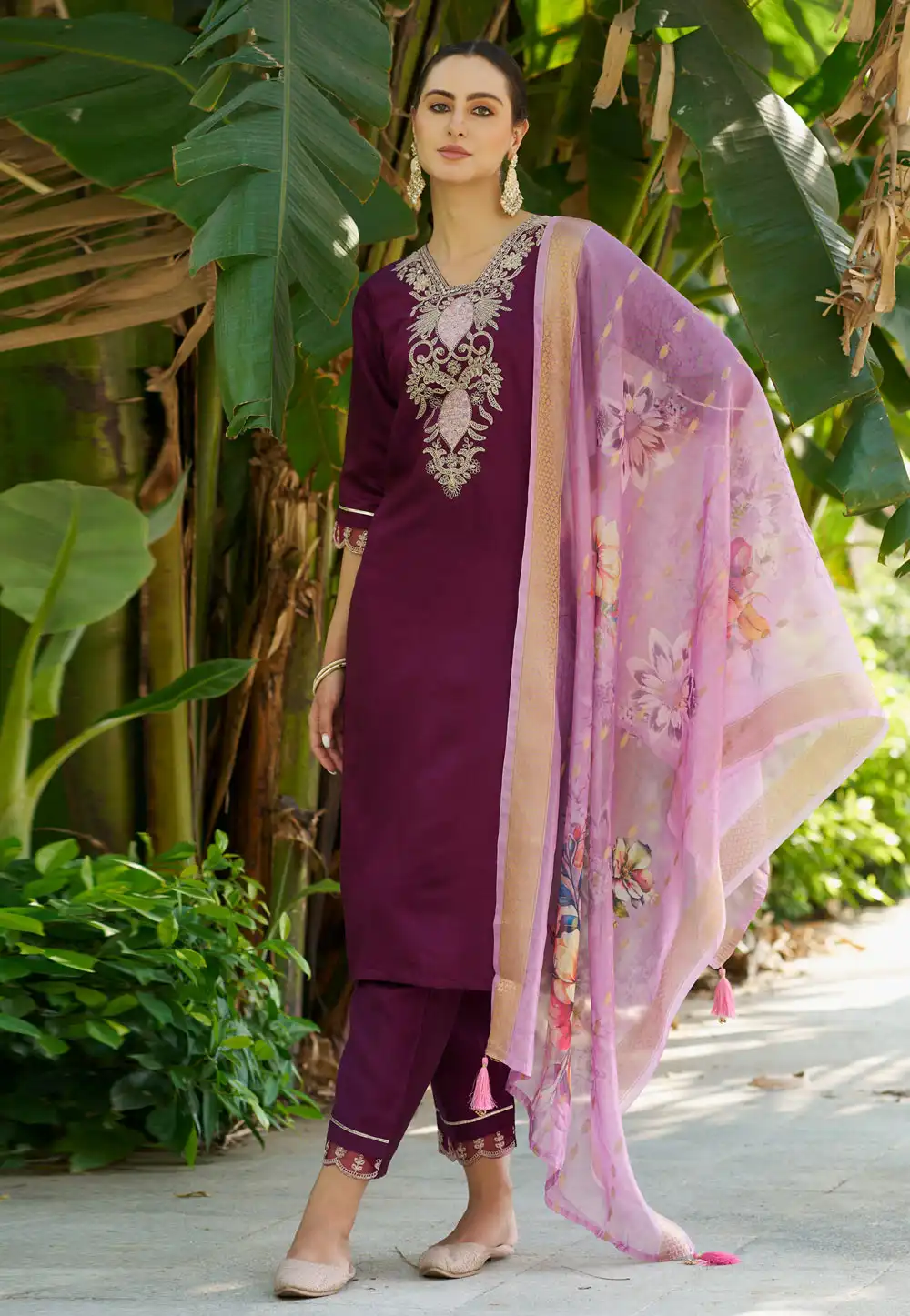 Wine Viscose Rayon Readymade Pakistani Suit 308496