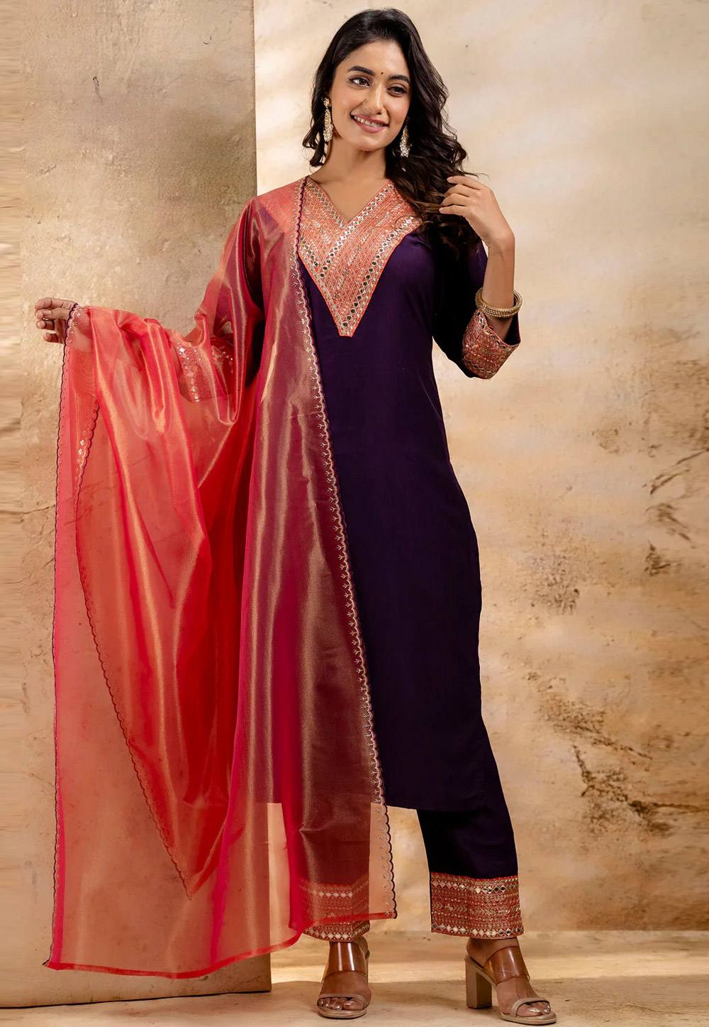 Wine Viscose Rayon Readymade Pant Style Suit 307089