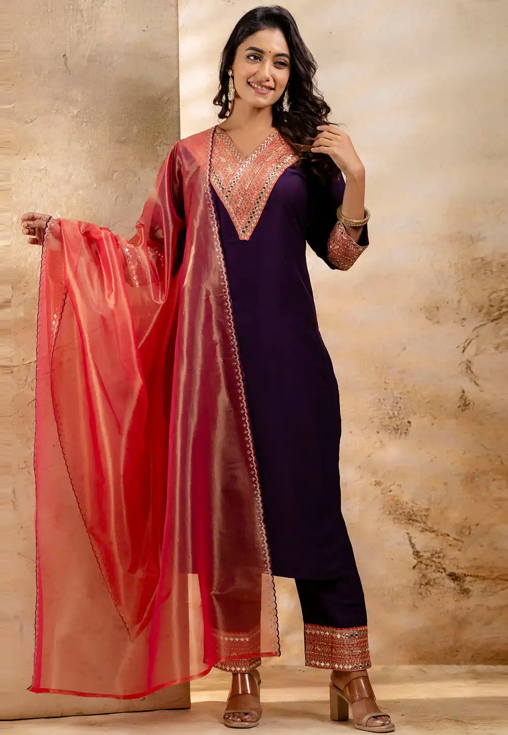 Wine Viscose Rayon Readymade Pant Style Suit 329981