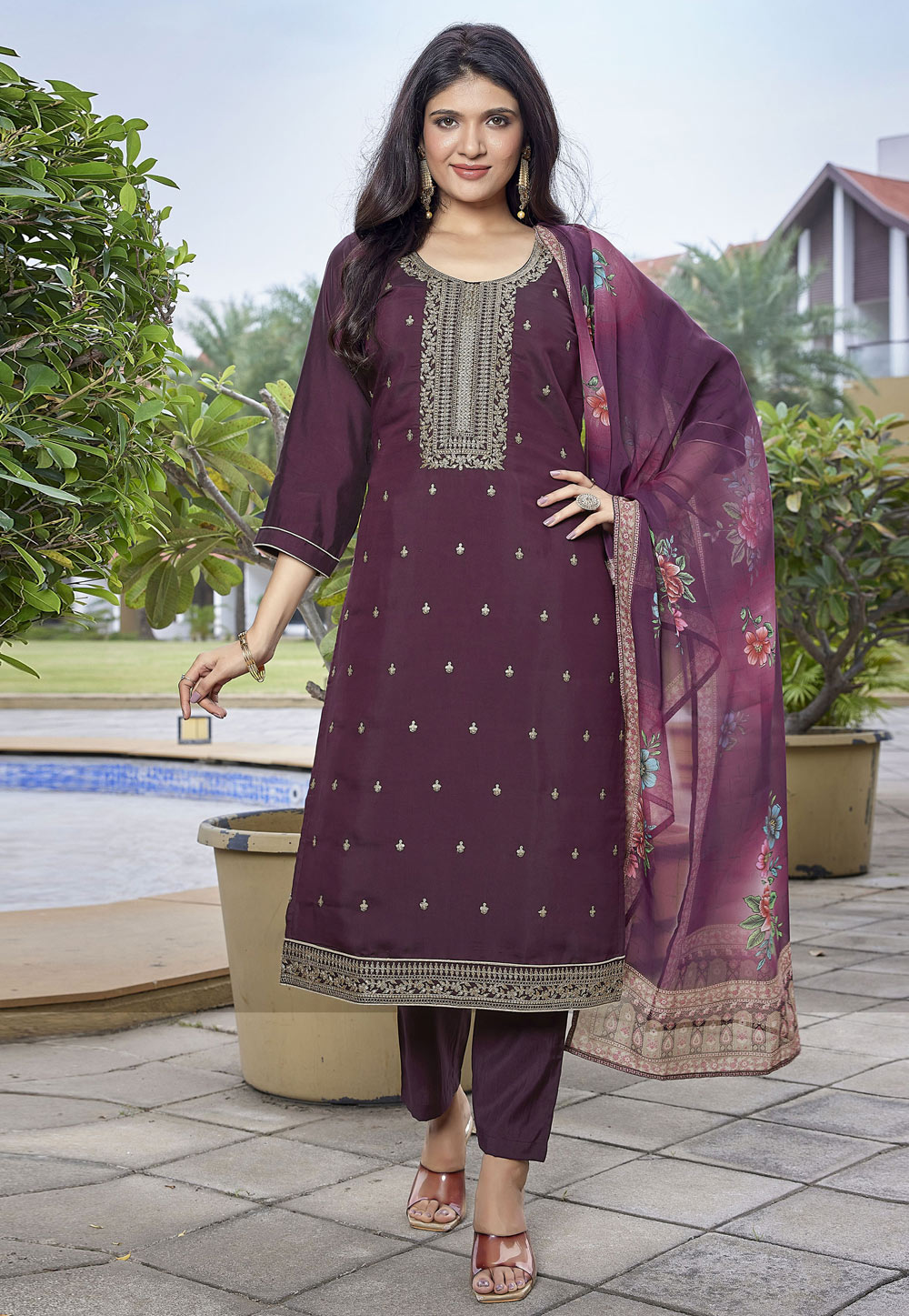 Wine Viscose Readymade Pakistani Suit 308138