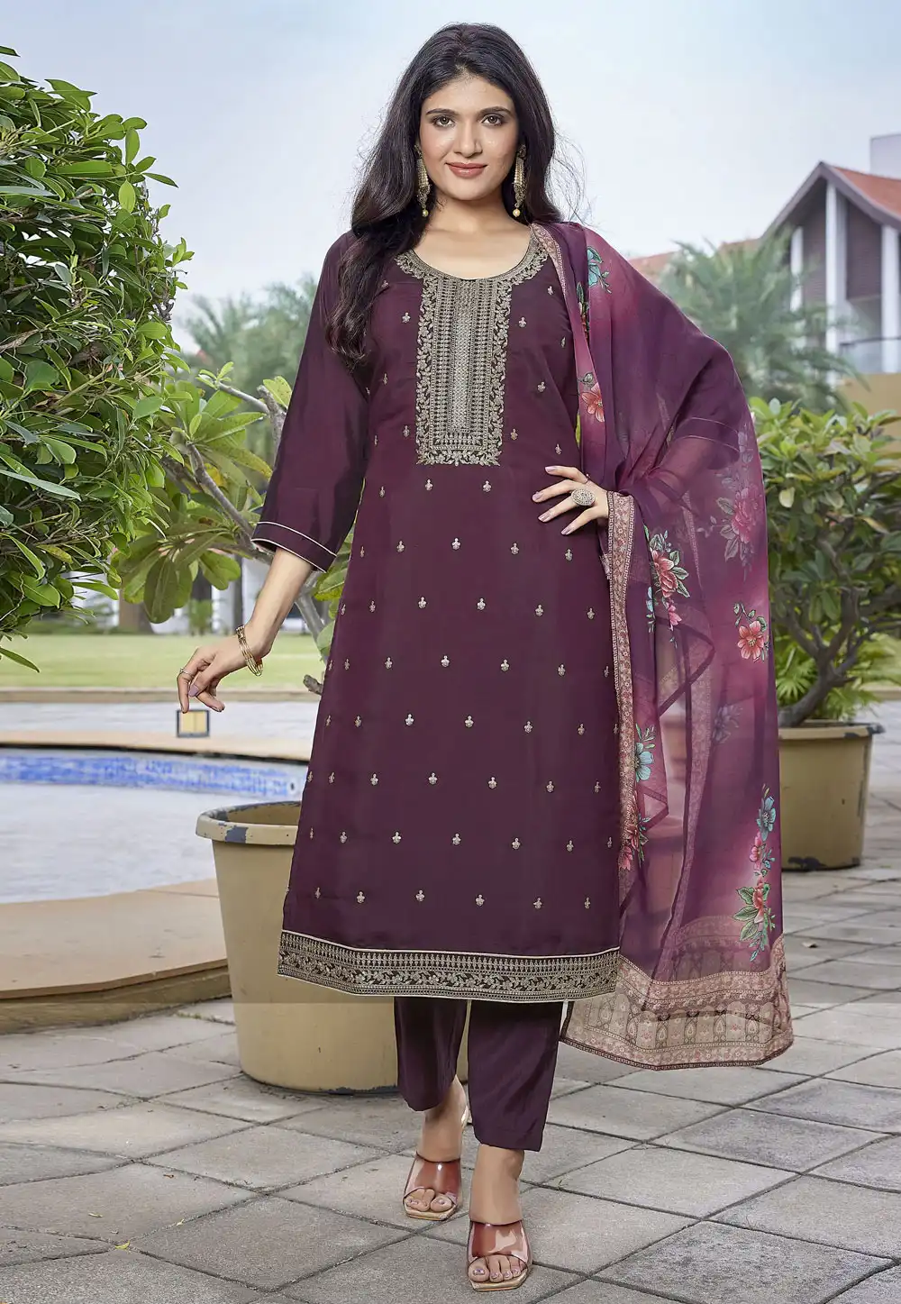 Wine Viscose Readymade Pakistani Suit 308138