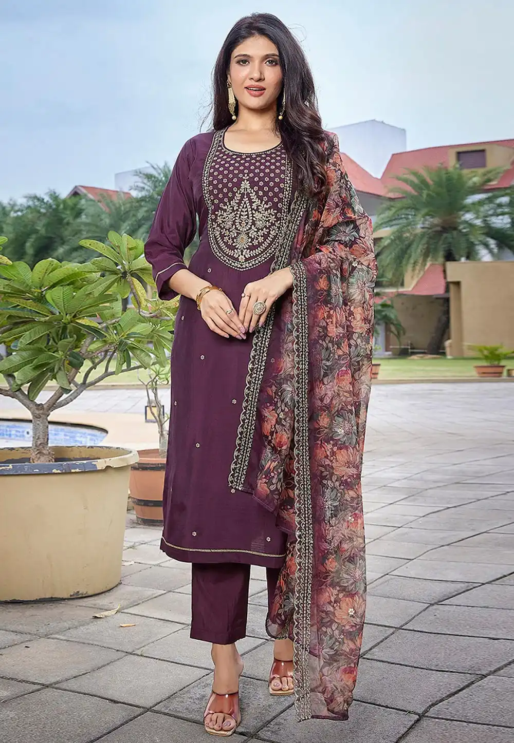 Wine Viscose Readymade Pant Style Suit 324843