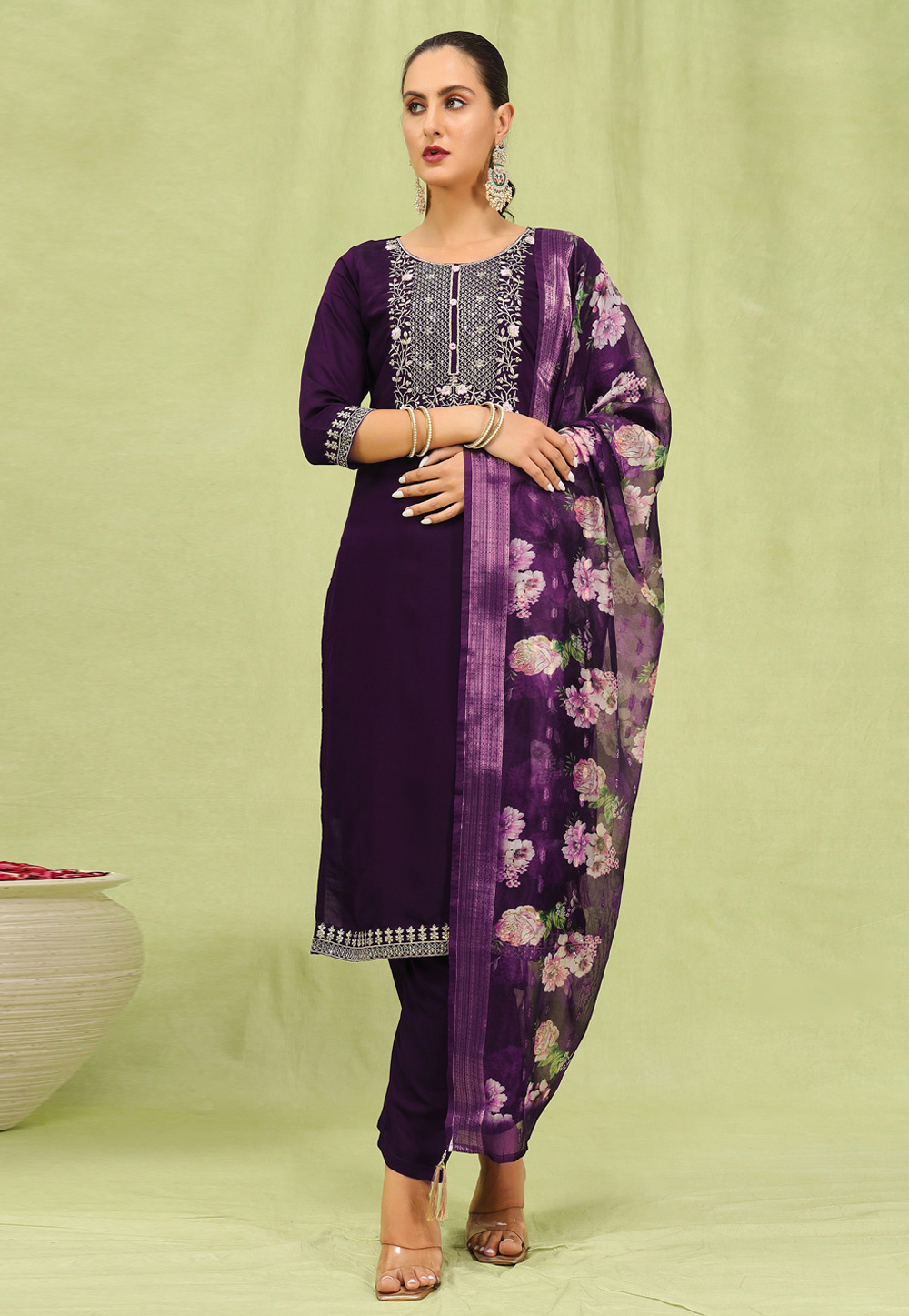 Wine Viscose Readymade Pant Style Suit 309143