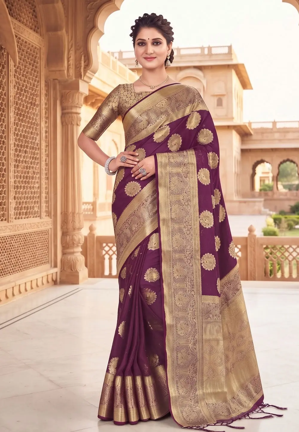 Wine Viscose Saree With Blouse 332431