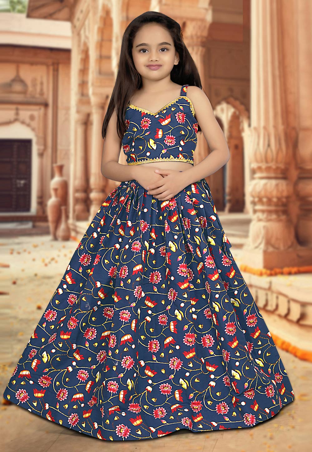 Navy Blue Silk Kids Lehenga Choli 266412