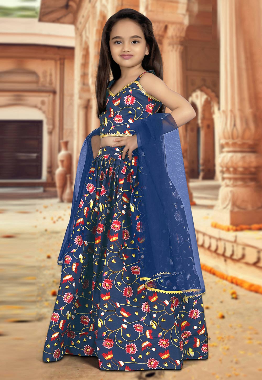 Navy Blue Silk Kids Lehenga Choli 266412