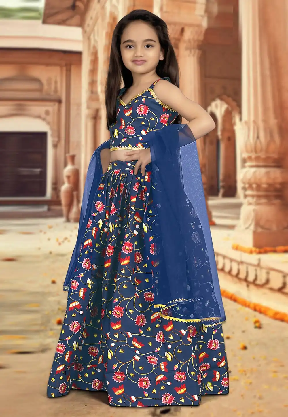 Navy Blue Silk Kids Lehenga Choli 266412