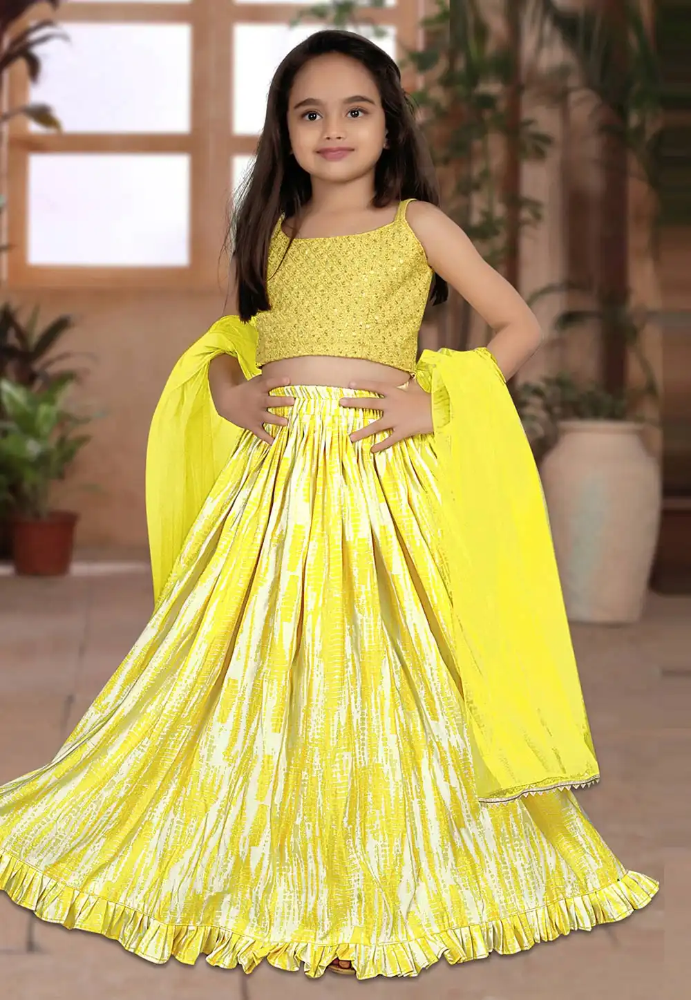 Yellow Silk Kids Lehenga Choli 266413