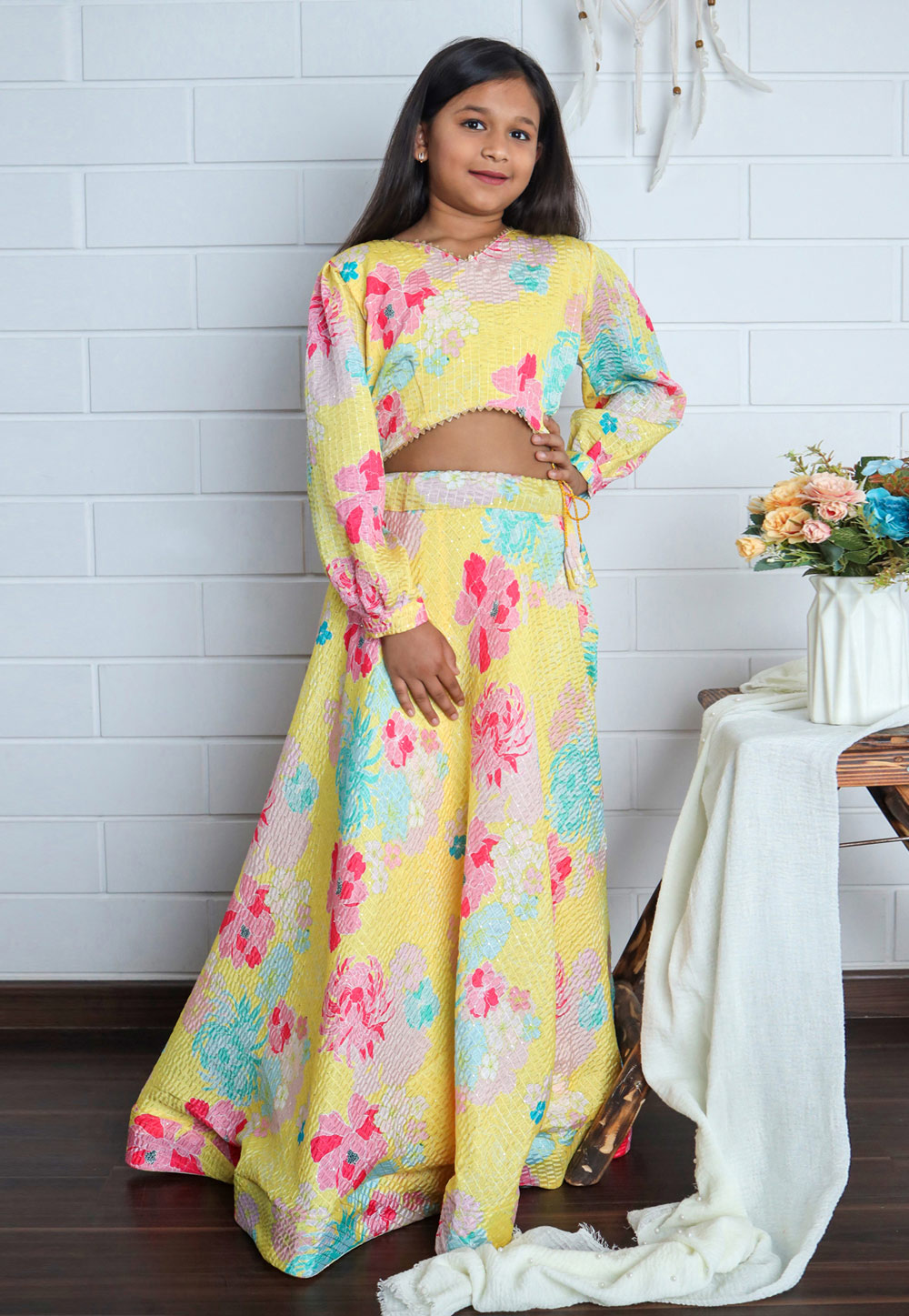 Yellow Chinon Kids Lehenga Choli 262697