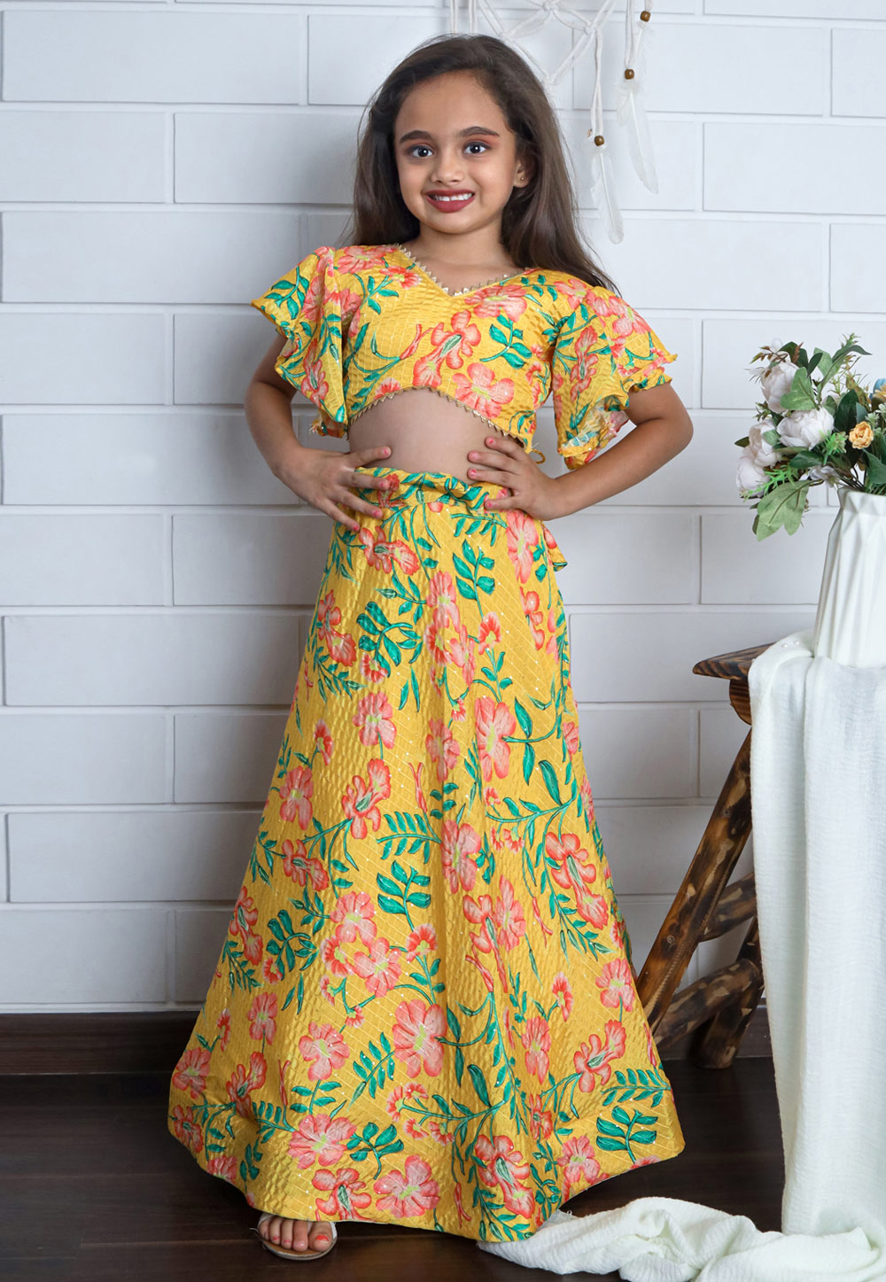 Yellow Chinon Kids Lehenga Choli 262699