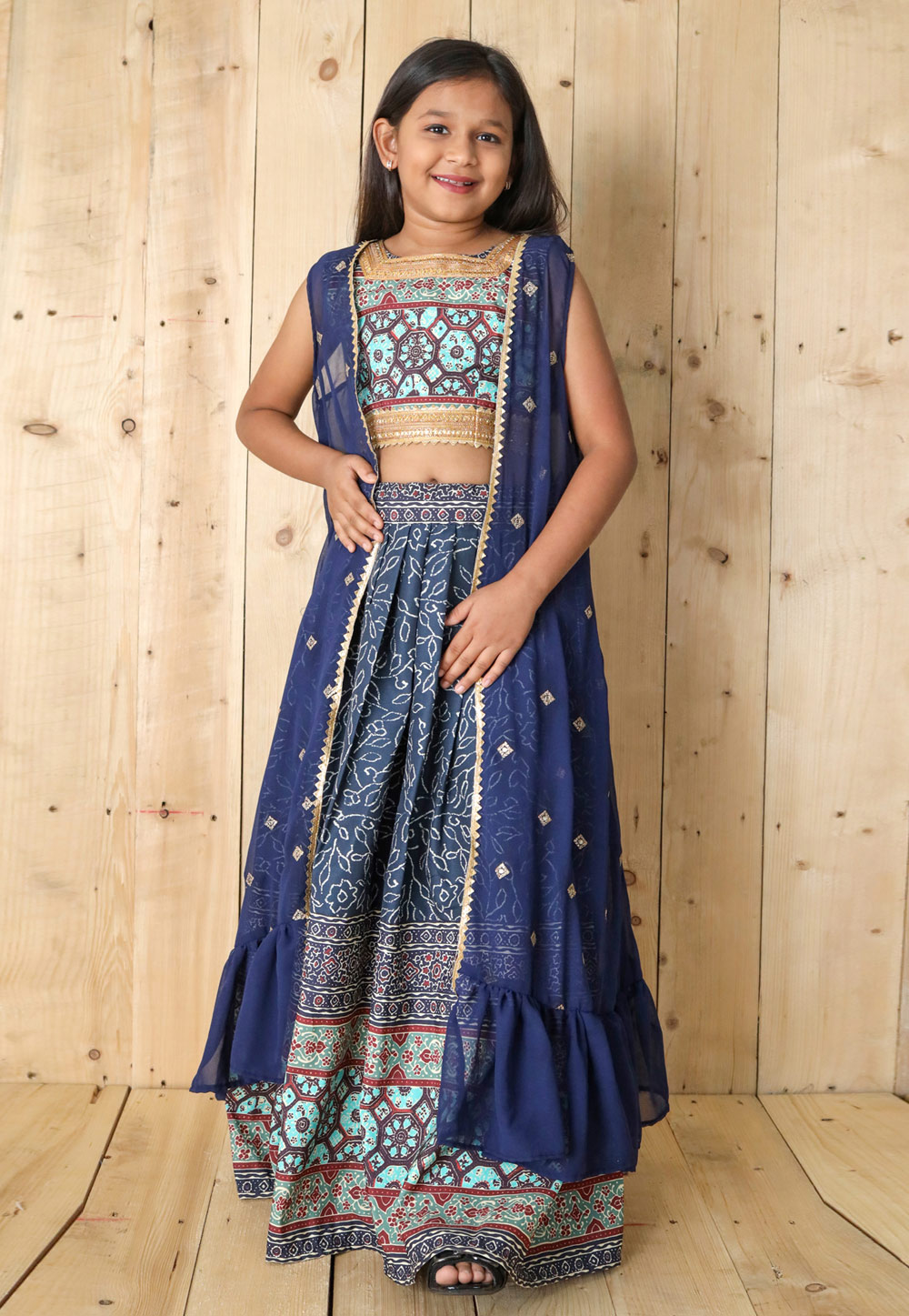 Navy Blue Silk Kids Lehenga Choli 262701