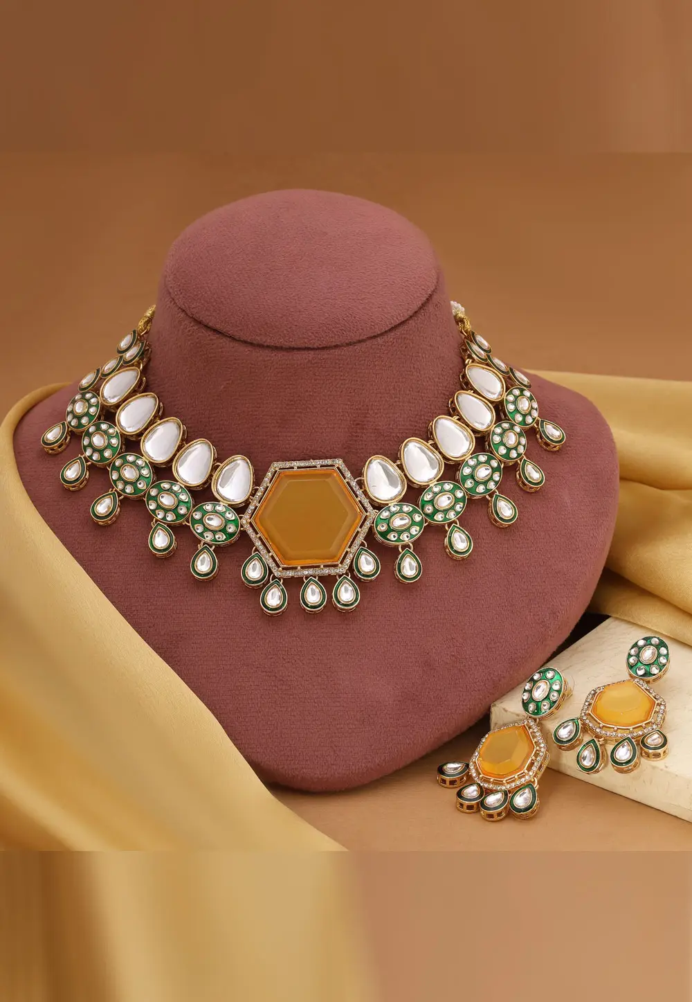 Yellow Alloy Necklace With Earrings 332196