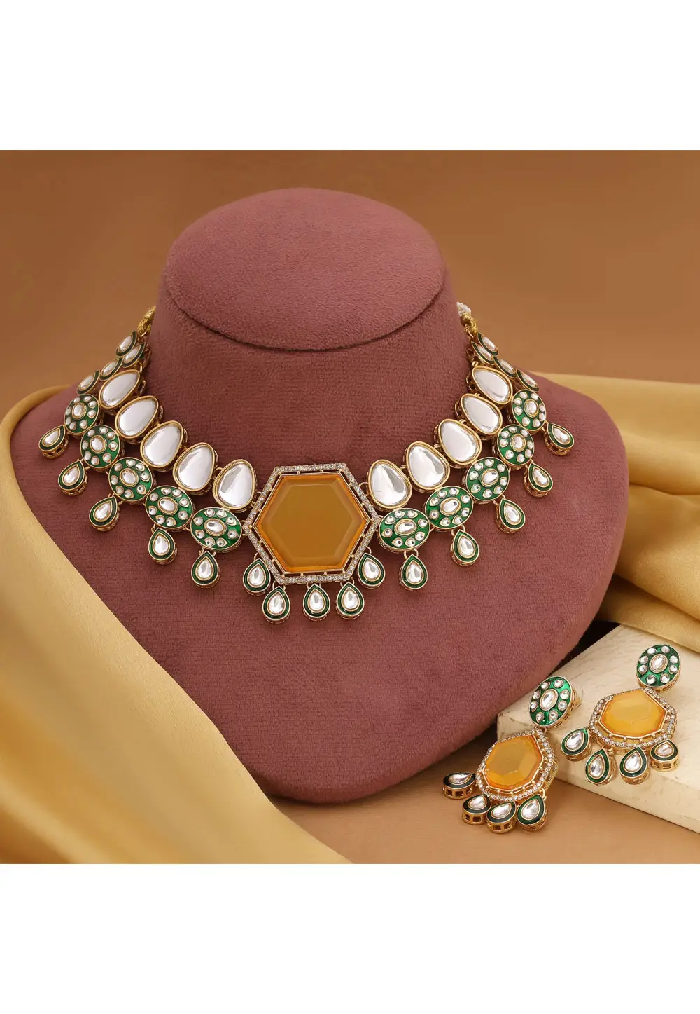 Yellow Alloy Necklace With Earrings 333747