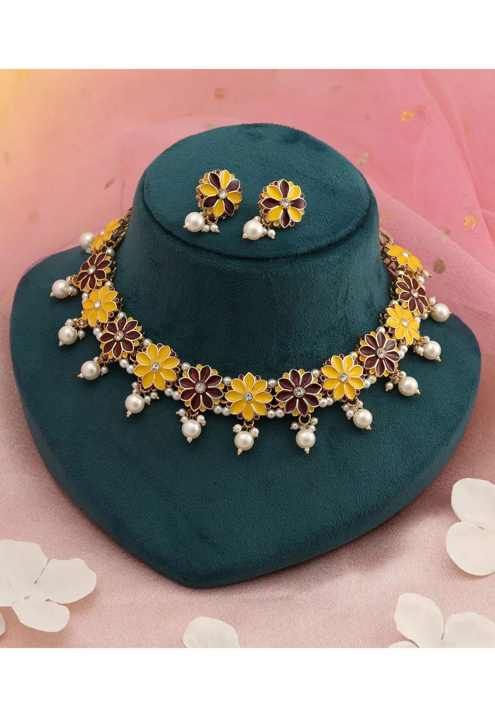 Yellow Alloy Necklace With Earrings 336693