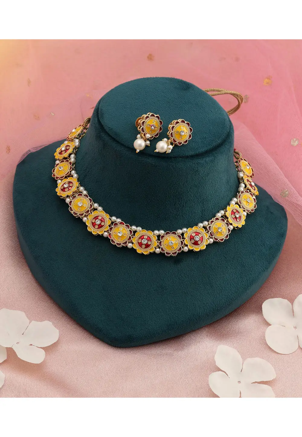 Yellow Alloy Necklace With Earrings 336697