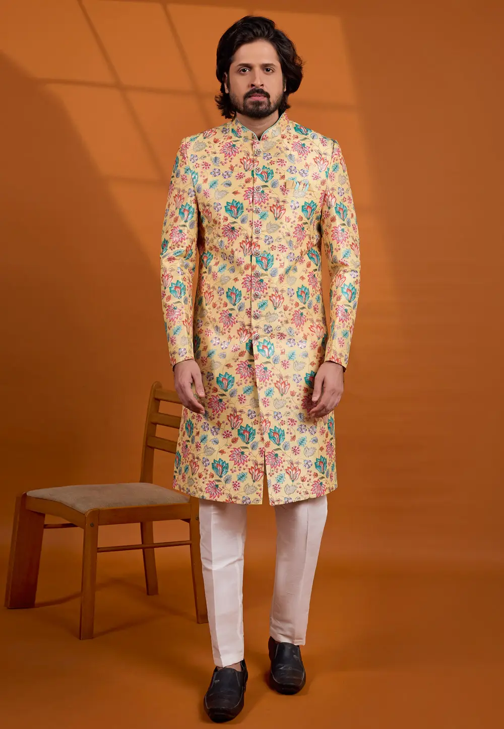 Yellow Art Silk Indo Western Suit 335908