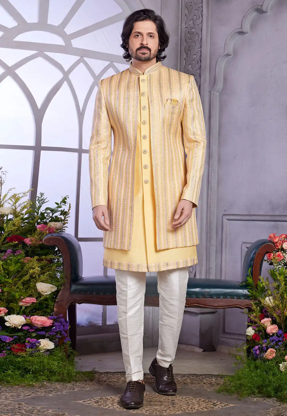 Yellow Art Silk Jacket Style Sherwani 308593