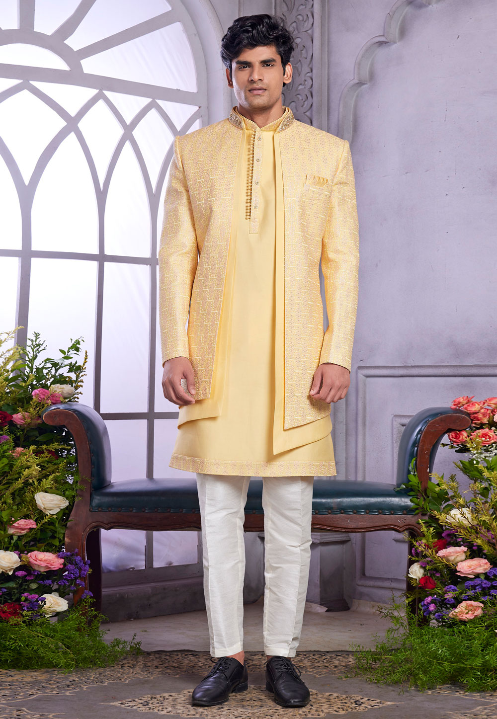 Yellow Art Silk Jacket Style Sherwani 308597