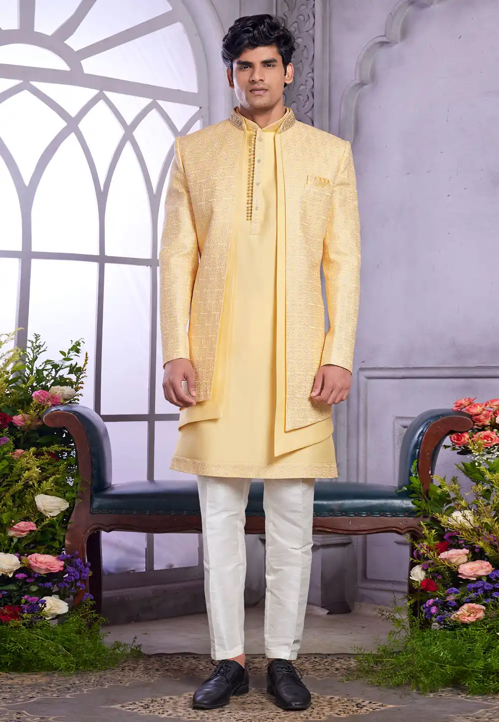 Yellow Art Silk Jacket Style Sherwani 308597