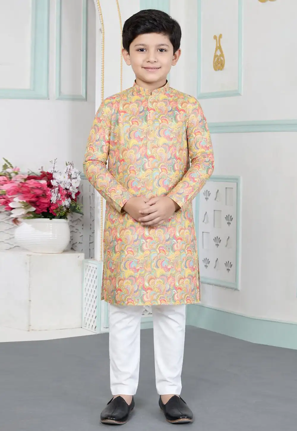 Yellow Art Silk Kids Kurta Pajama 330806