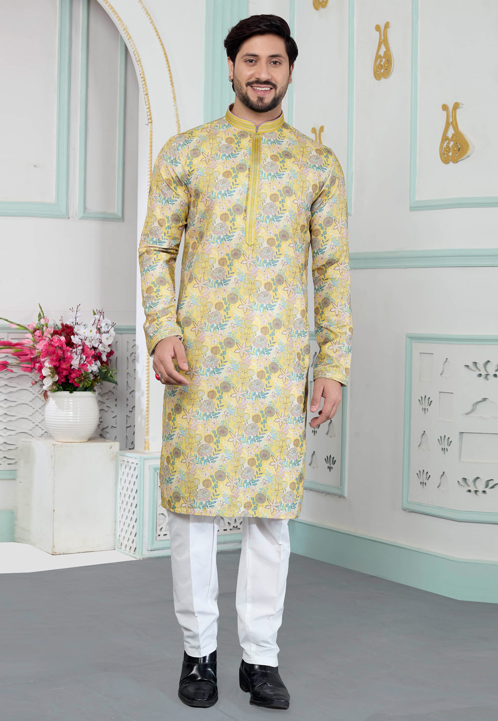 Yellow Art Silk Kurta Pajama 323406