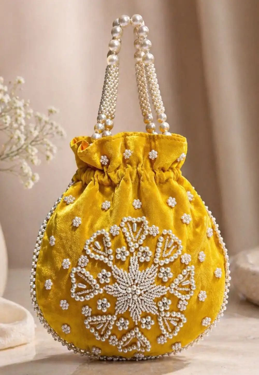 Yellow Art Silk Potli Bags 329279