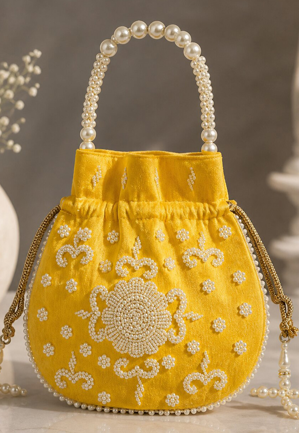 Yellow Art Silk Potli Bags 329293